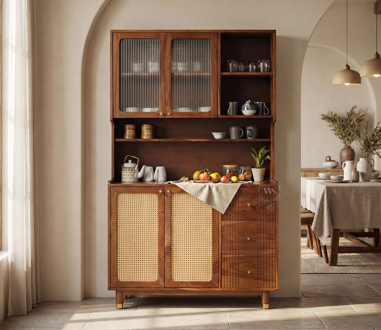 Tripti Classic Kitchen Cabinet with Fluted Glass, Cane Weave &amp; Brass Knobs (Teak Finish)