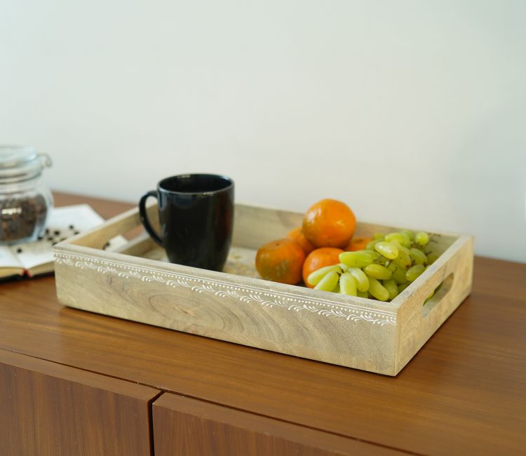 Adiva Floral Hand Painted Wooden Rectangle Serving Tray Wooden Dustbin Online - Buy Trash Bins Online in India | Buy Dustbin for Home Online