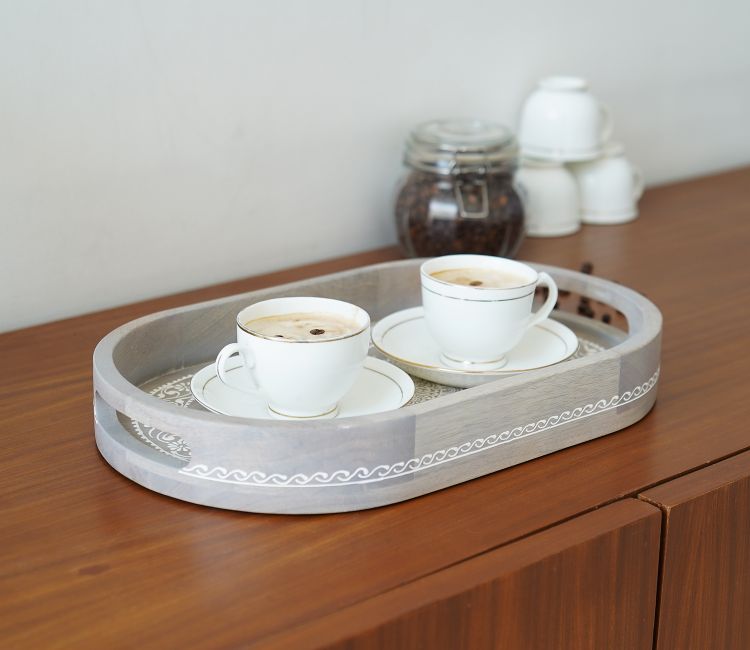 Ira Traditional Designer Hand Painted Wooden Serving Tray Grey Ira Traditional Designer Hand Painted Wooden Serving Tray