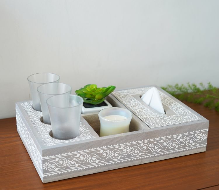 Ira Traditional Designer Hand Painted Wooden MultiStorage Tray Grey Ira Traditional Designer Hand Painted MultiStorage Wooden Serving Tray