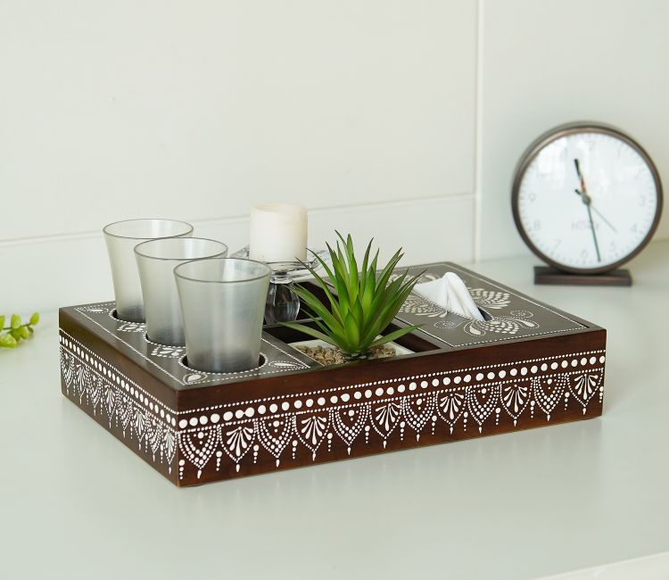 Medhini Hand Painted Solid Wood Multistorage Tray Brown Medhini Hand Painted Solid Wood Multistorage Tray