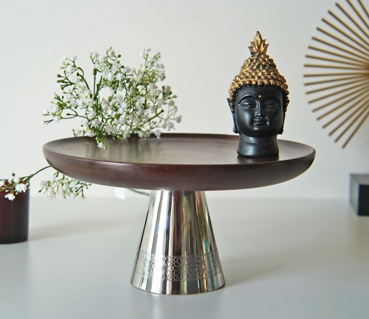 Ranier Wooden Serving Plate with Metal Base Designer Tea Serving Tray Online at Lowest Price in Bangalore, Mumbai, Chennai