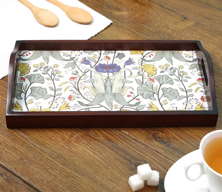Retro Hibiscus Teak Wood Multipurpose Serving Tray (Brown, Small) serving tray - kitchen trays for kitchen | Serveware in Bangalore, Mumbai, Chennai