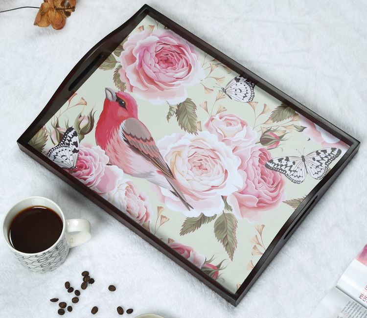 Vintage Roses and Birds Teak Wood Multipurpose Serving Tray wooden serving tray - food tray | Serveware in Bangalore, Mumbai, Chennai