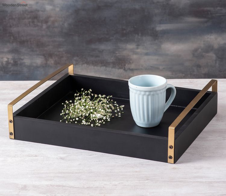 Nestroots Wooden Serving Tray with Golden Finish Handle|15 Inches Black Wooden Tray wooden tray - snack serving tray for kitchen | Serveware Seti n Delhi, Pune, Hyderabad
