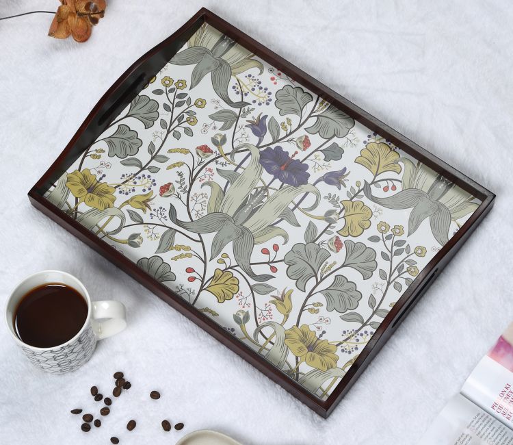 Retro Hibiscus Teak Wood Multipurpose Serving Tray (Brown, Large) wooden tray with handles - tea tray | rectangular tray in Bangalore, Mumbai, Chennai | Serveware