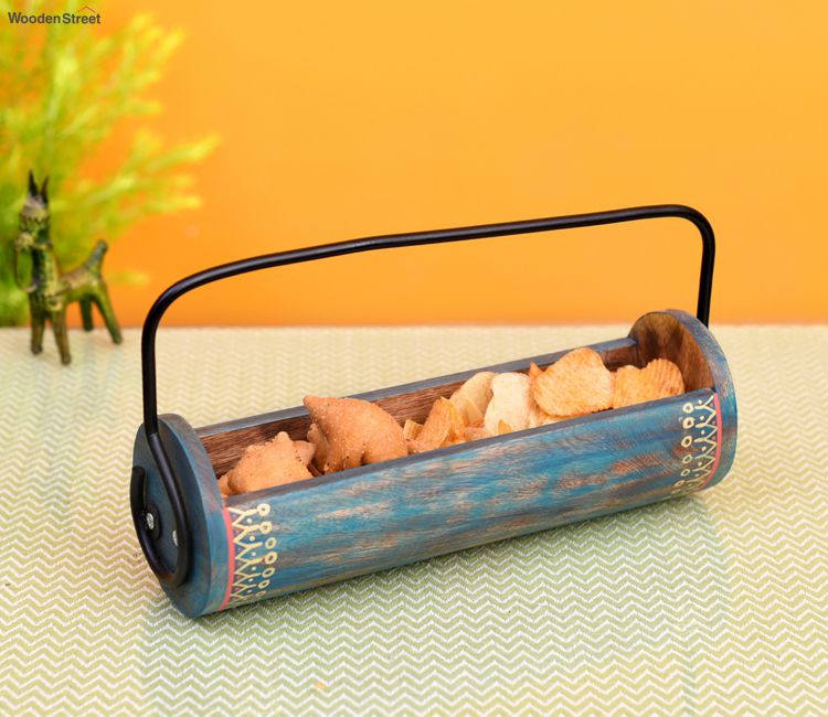 Blue Colour Wooden Snack Server In Exotic Shape With Stylish Metal Handle stylish serving platters & serving plates online