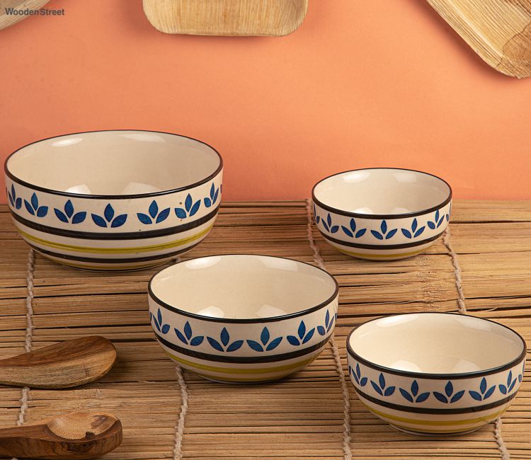 Handcrafted Multipurpose Ceramic Bowls Set of 4 (White) serving bowl set online in india | dinner bowl set online in india