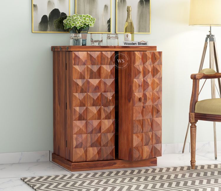 Auric Small Bar Cabinet (Honey Finish)  in India | Wooden Street