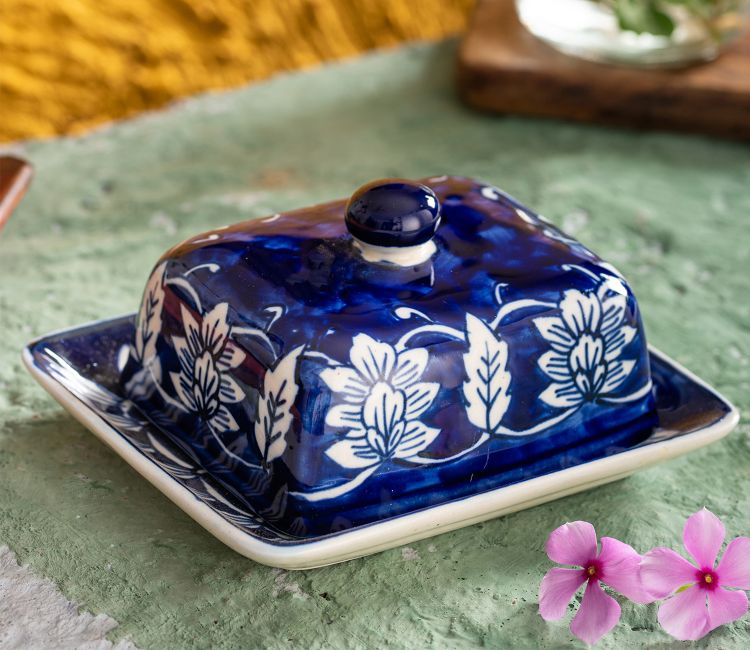 Bue and White Ceramic Hand Painted Butter Serving Dish Bue and White Ceramic Hand Painted Butter Serving Dish