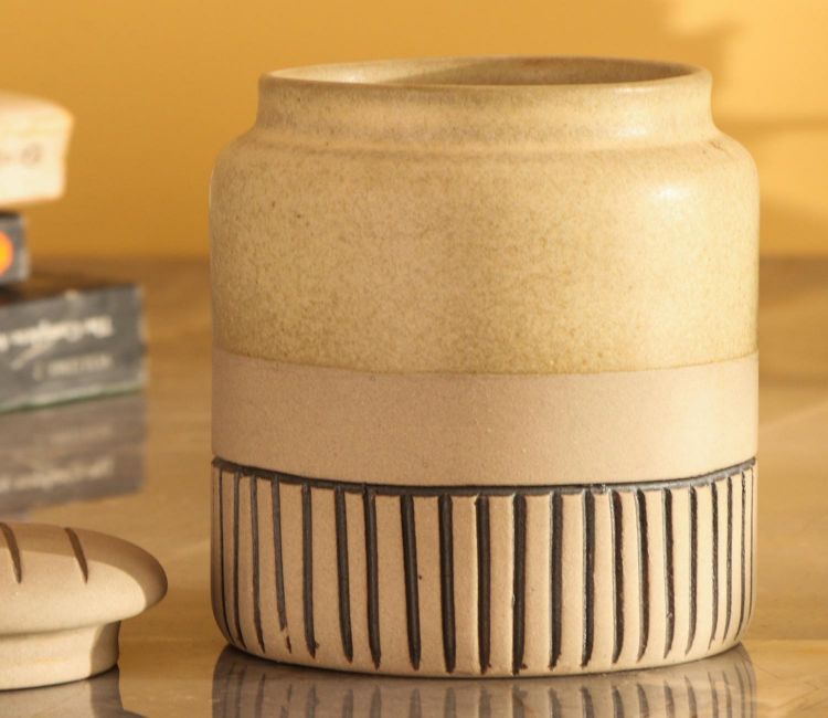 Ceramic Striped Semi-Glazed Small Storage Jar (White) buy small glass jars online, glass jar for kitchenware online in india at low price, pune, delhi, hyderabad