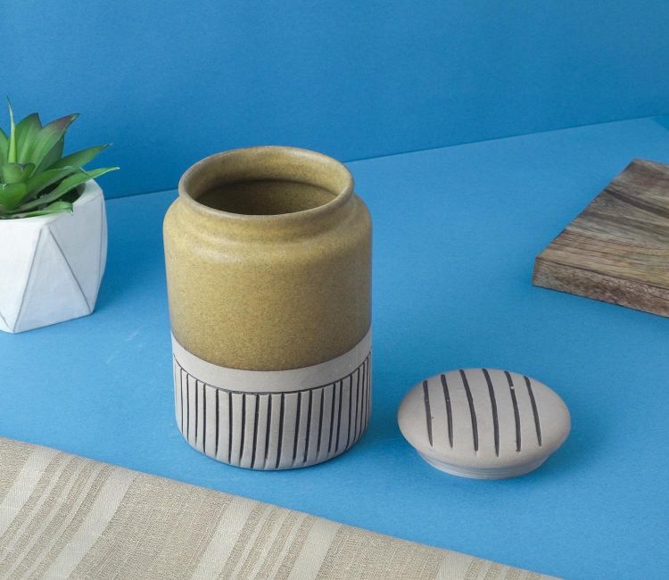 Ceramic Striped Semi-Glazed Large Storage Jar (Beige) buy small glass jars online, glass jar for kitchenware online in india at low price, pune, delhi, hyderabad