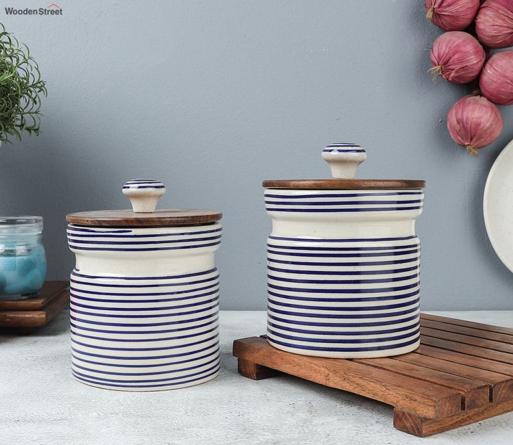 Parikrama Blue Spiral Leak Proof Ceramic Cylindrical Jars Set of 2 - Large buy ceramic serving bowl set price online