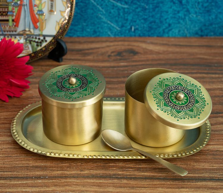 Utsav Brass Condiment Green and Golden Jars with Tray and Spoon Jars- buy small glass jars for kitchenware | WoodenStreet