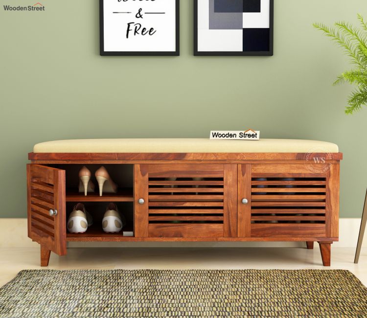 Sheesham Wood Shoe Rack Design with 6 Pair Capacity - Kathlyn Modern Shoe Rack Bench (Honey Finish)