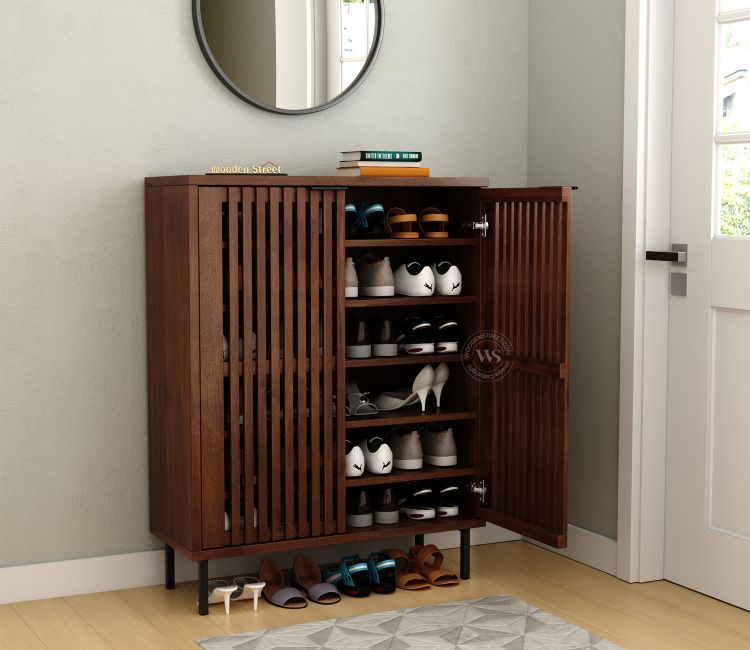 Oxfora Premium Solid Wood Shoe Cabinet With Slatted Doors (Mango Wood, Teak Finish)