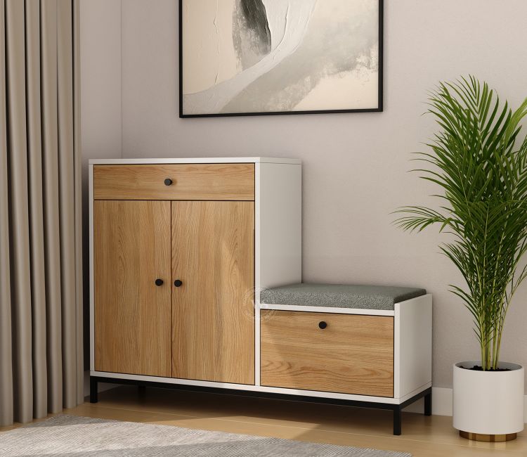 Melora Engineered Wood Shoe Rack with Textured Fronts, Metal Base &amp; Cushioned Seating (Dual Finish)