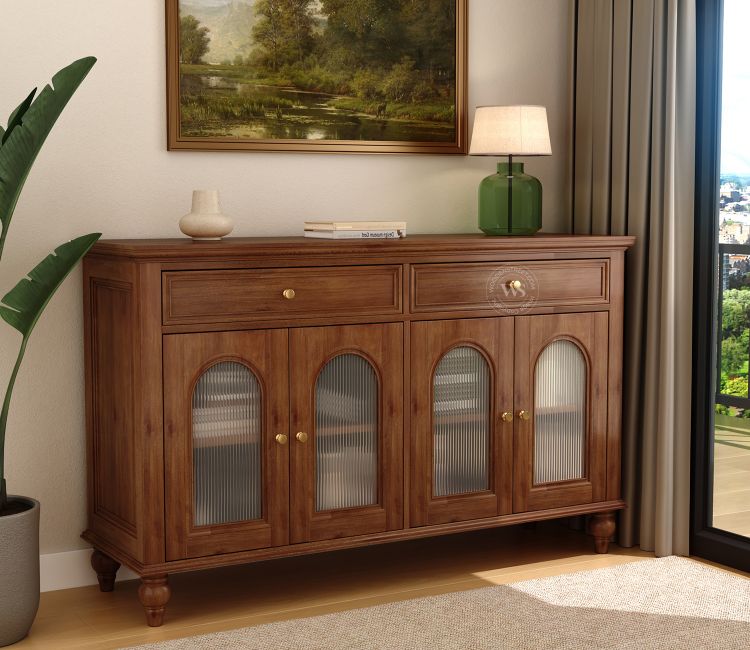 Tiros Mango Wood Cabinet with Arched Glass Door (Teak Finish)
