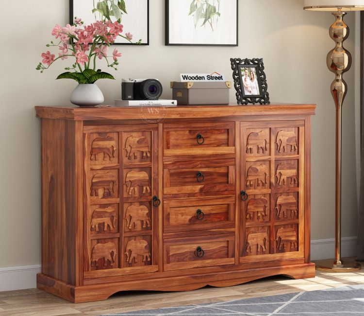 Buy Sideboards and Cabinet Online | Emboss Sheesham Wooden Cabinet and Sideboard (Honey Finish)