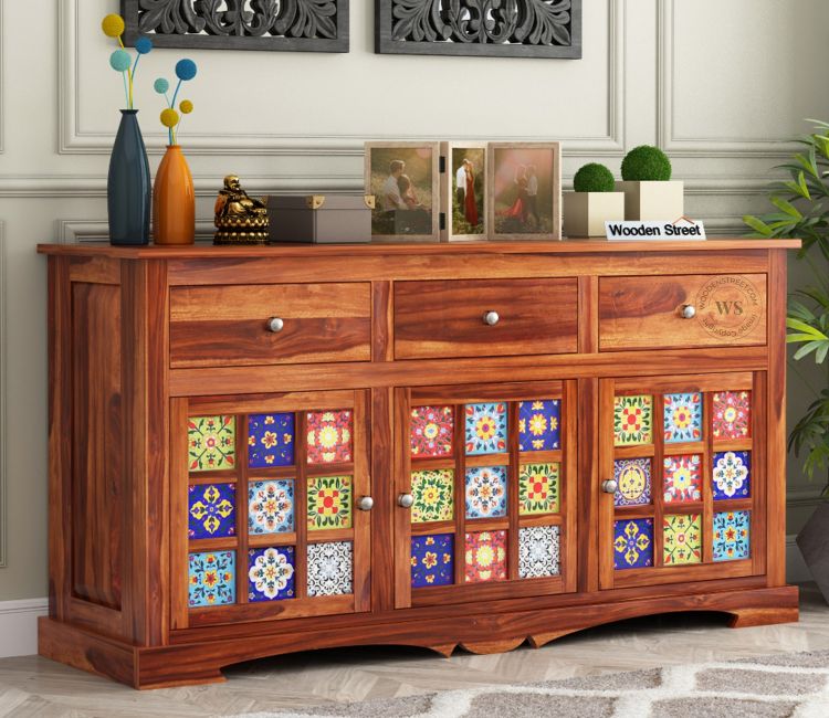 Buy Sideboards and Cabinet Online | Boho Sheesham Wood Storage Cabinet Sideboard With Three Drawers (Honey Finish)