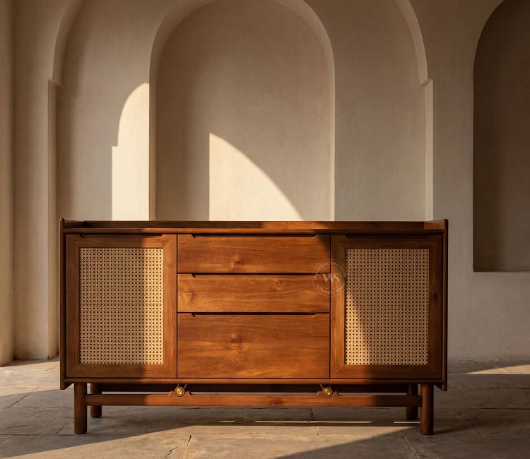 Ishana Mango Wood Designer Cabinet with Cane Detailing (Teak Finish)