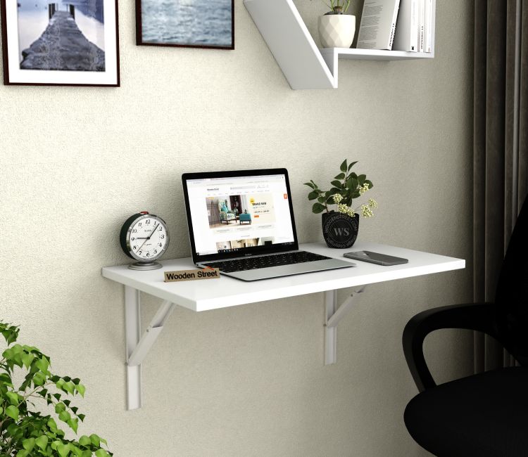 Stanko Foldable Wall Mounted Engineered Wood Study Table (Frosty White Finish) Stanko foldable writing table for bed