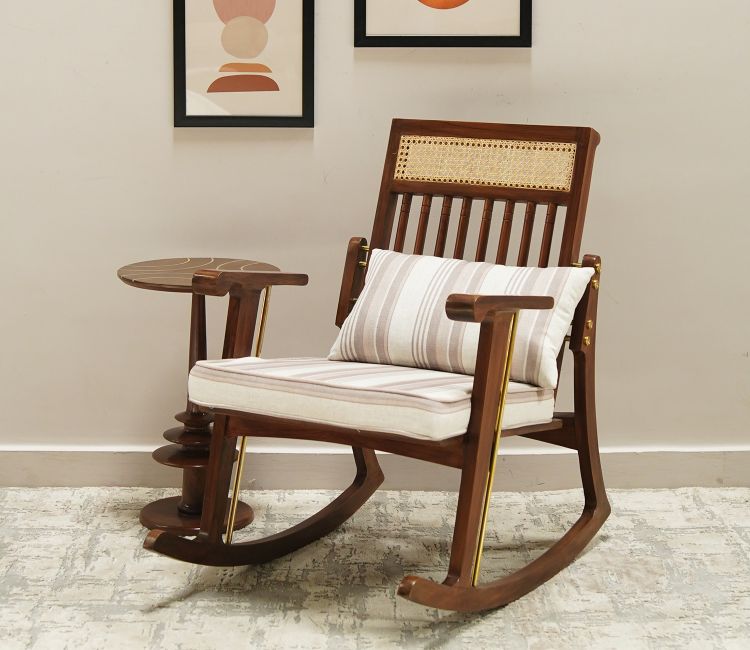 Aranya Sheesham Wood Rocking Chair (Teak Finish, Cream Stripe)