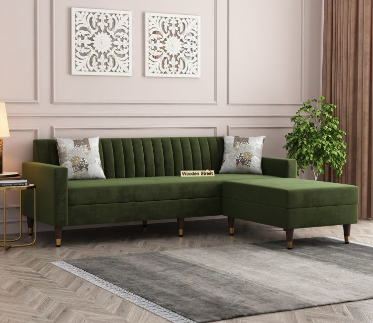 Everett L-Shape Corner Fabric Sofa (Velvet, Dark Olive Green)