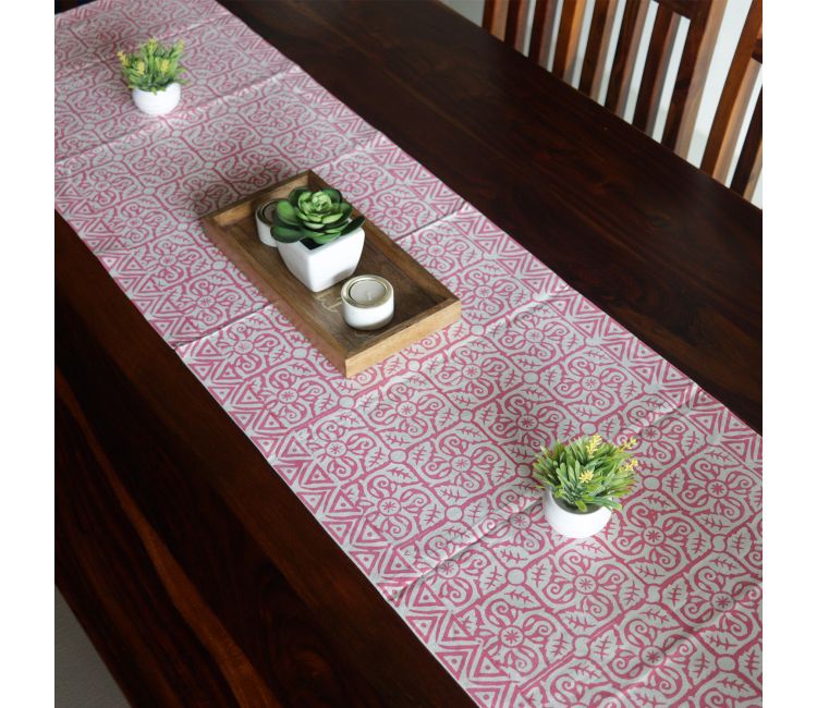 Vivid Garden Pink and White Hand Block Print Table Runner - 16 x 50 Vivid Garden Pink and White Hand Block Print Table Runner - 16 x 50