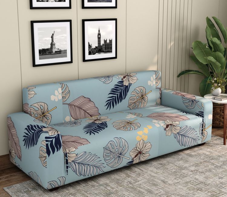 Bloomic Printed Polyester Spandex 3 Seater Sofa Cover (Light Blue)