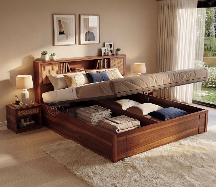 Ferguson Sheesham Wood Bed with Hydraulic Storage and Cane Detailing (King Size, Teak Finish) Ferguson Sheesham Wood Bed with Hydraulic Storage and Cane Detailing (King Size, Teak Finish)