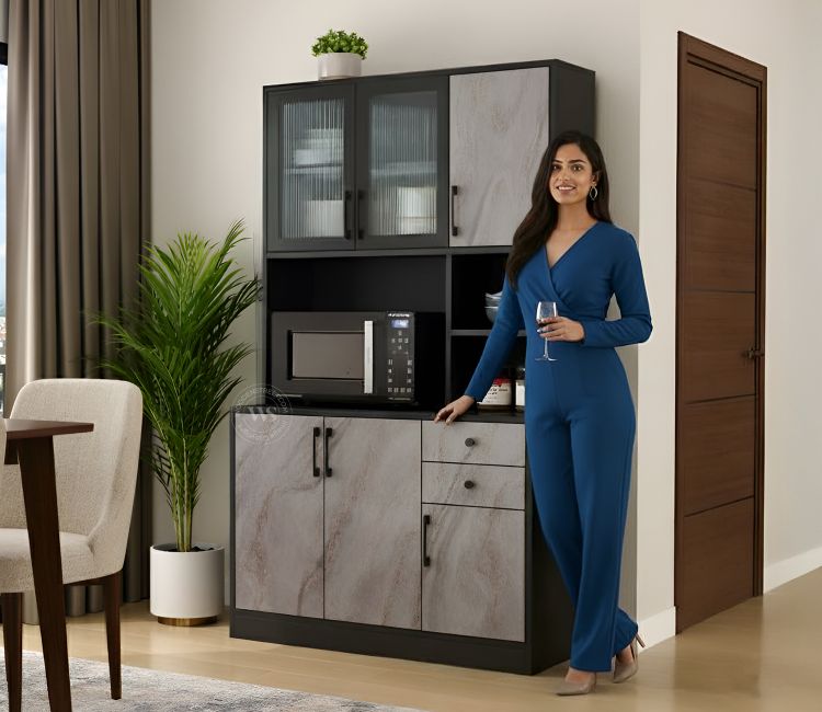 Basilic Engineered Wood Kitchen Cabinet with Textured Front &amp; Ample Storage Space (Marble Pattern)