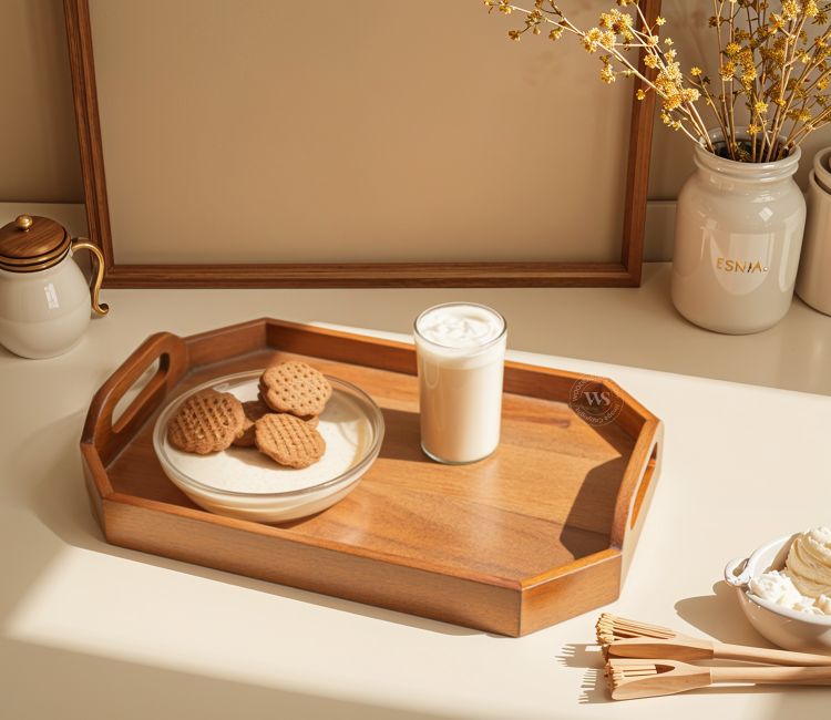 Buy Mango Wood Handcrafted Octagonal Serving Tray in Teak finish from Wooden Street
