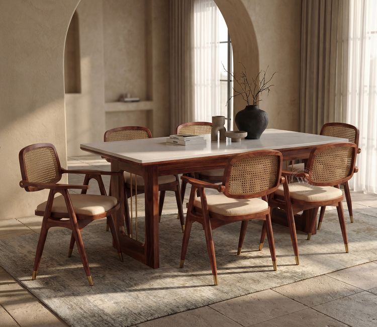 Shriyam Modern 6-Seater Sheesham Wood Dining Table Set with Quartz Table Top, Cane &amp; Brass Accents (Teak Finish)