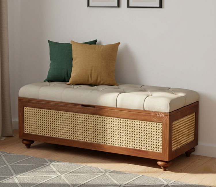 Rini Mango Wood Upholstered Bench with Cane Accent and Storage (Teak Finish, Vanilla Cream)