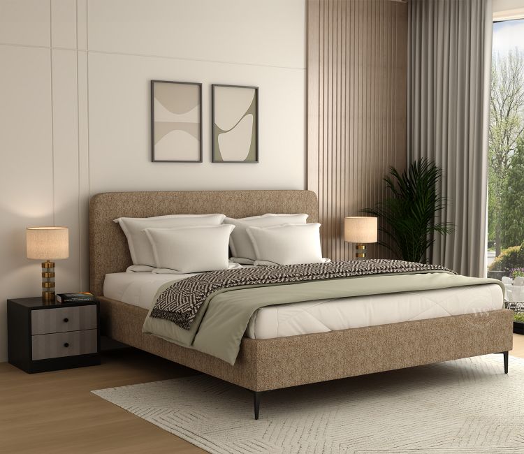 Andreas Premium Fabric Bed with Curved Headboard &amp; Without Storage (Queen Size, Sandal Beige)