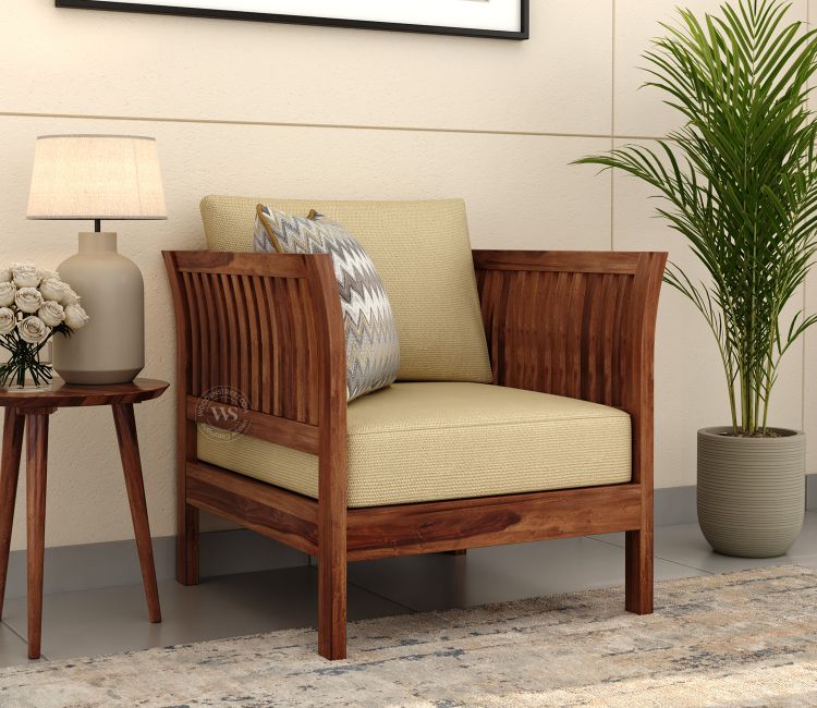 Raiden 1 Seater Wooden Sofa (Honey Irish Cream) wooden sofa set single seater | teak wood sofa set design | sofa with wooden frame | new model wooden setty