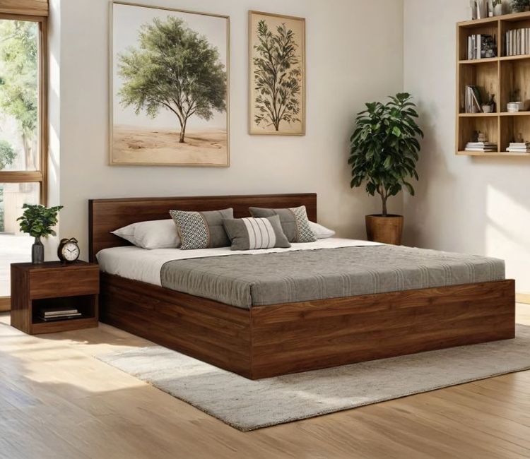 Clemency Bed - Queen Size Bed With Storage (Box Storage) | Queen Bed Design in Columbian Walnut Finish