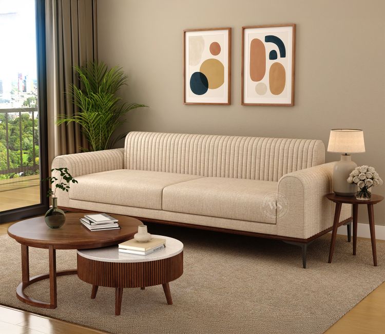 Lorenz 3 Seater Sofa (Cotton, Jade Ivory) buy 3 Seater Velvet Fabric Sofa Set online price