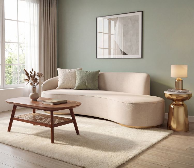 Osbert 3 Seater Curved Sofa (Cotton, Jade Ivory) buy Velvet Fabric Sofa Set online price | 3 Seater Sofa Design For Living Room