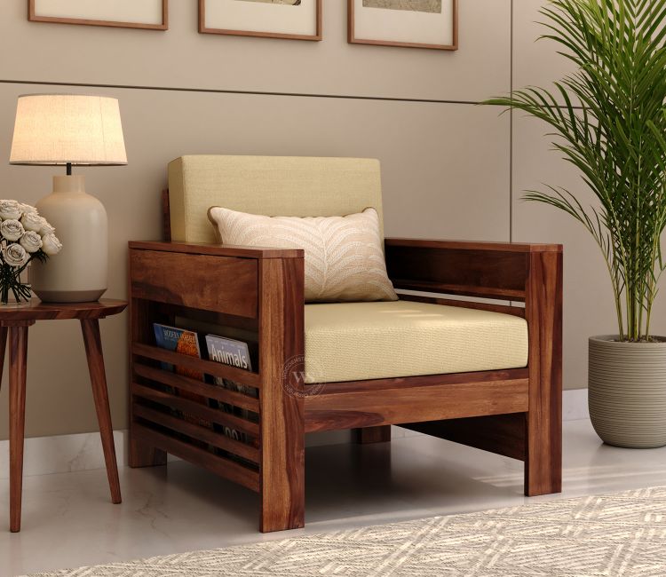 Feltro 1 Seater Wooden Sofa (Honey Irish Cream) Feltro 1 Seater Wooden Sofa (Honey Finish) | budget sofa set | traditional sofa design | sagwan sofa set | online sofa set shopping | simple wood sofa design