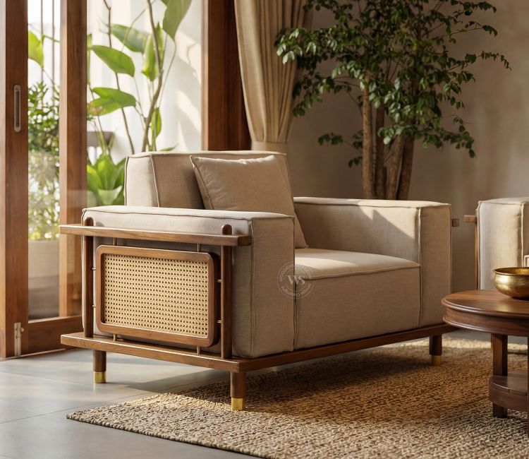 Saket 1 Seater Ash Wood Cane Sofa (Sand Beige) Quartz Wooden Sofa Set (Honey Finish) | sofa models wooden | wooden sofa for living room | new model wooden sofa set | sofa set in wood | sofa cheap price