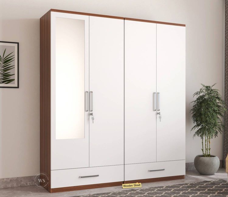 Valor 4 Door bedroom Cupboard for clothes with drawers in Teak Finish