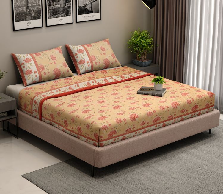 120 TC Imperial Blossoms Cotton Bedsheet King Size With 2 Pillow Cover (Peach) Peach floral cotton bedsheet for double bed with pillow covers | Buy bedsheets online | Wooden Street