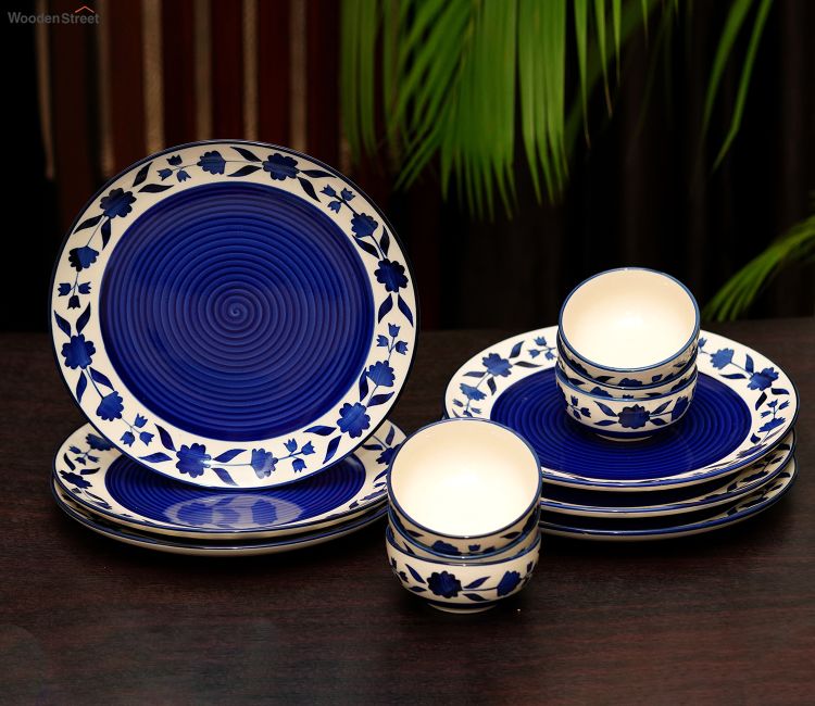 Blue and White Floral Ceramic Dinner Plate Set with Katoris - Set of 12 Piece Dinnerware Set Price Blue and White Floral Ceramic Dinner Plate Set with Katoris - Set of 12 Piece
