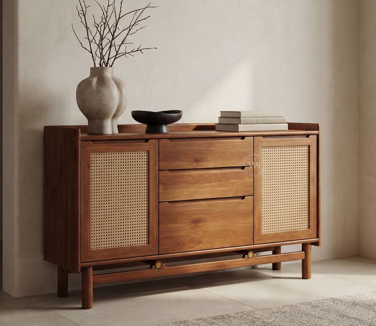 Ishana Mango Wood Designer Cabinet with Cane Detailing (Teak Finish)