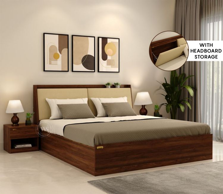 Calmora Engineered Wood Bed with Upholstered Headboard and Spacious Box Storage (Queen Size, Columbian Walnut Finish)
