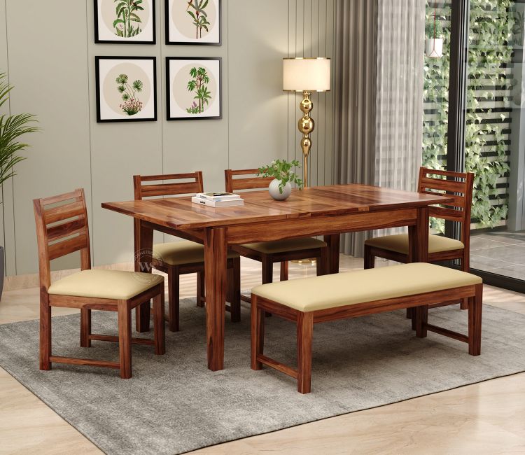 6 Seater Extendable Dining Set With Bench in Honey Finish