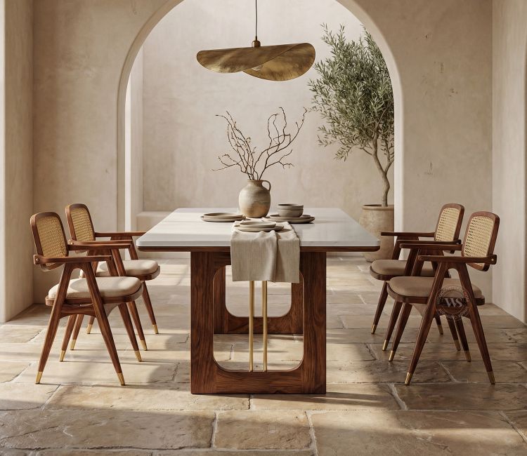 Shriyam Modern 6-Seater Sheesham Wood Dining Table Set with Quartz Table Top, Cane &amp; Brass Accents (Teak Finish)