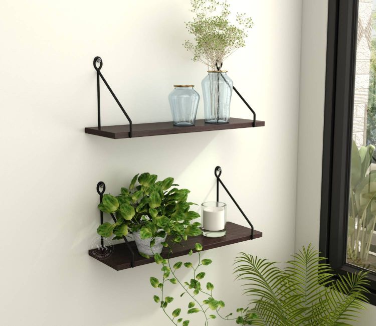 Luna Hanging Wall Shelf, Metallic Black &amp; White Combination Wall Mounted Shelves for Living Room/Bedroom - Set of 2 (Flowery Wenge)
